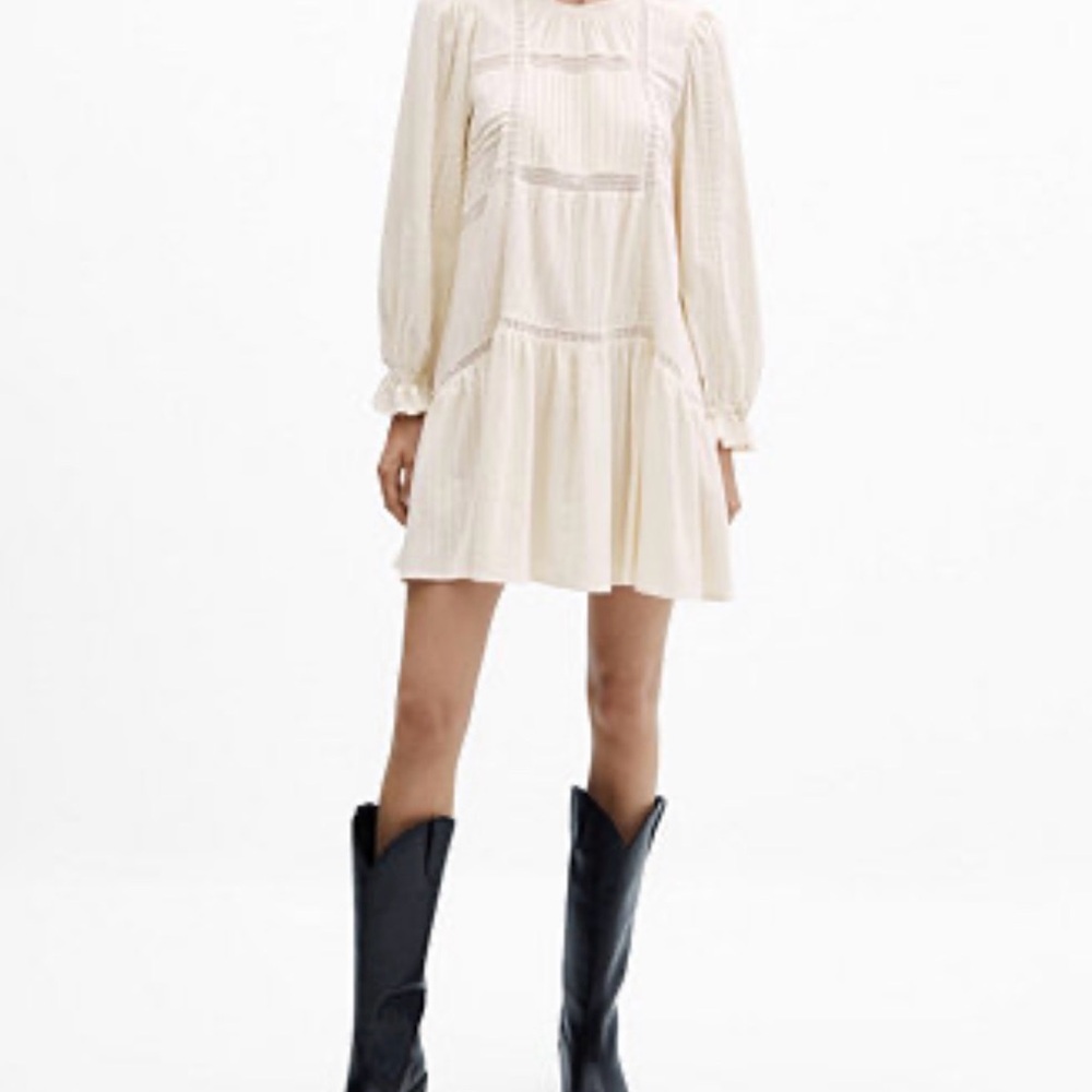Mango Cream Long Sleeve Tiered Mini Dress
